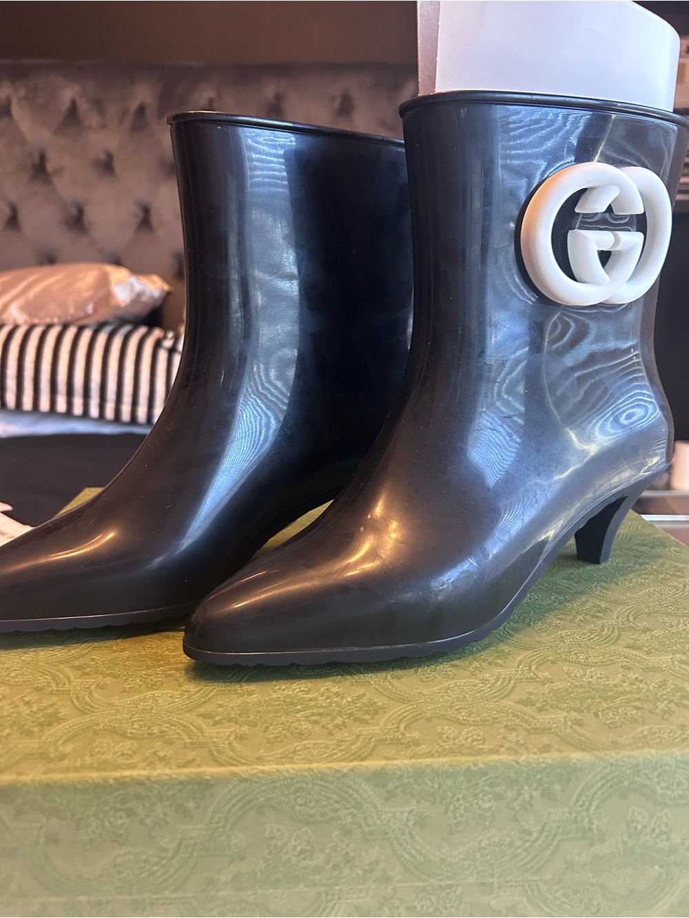 Gucci Black Rain Ankle Boots with White Logo Accent